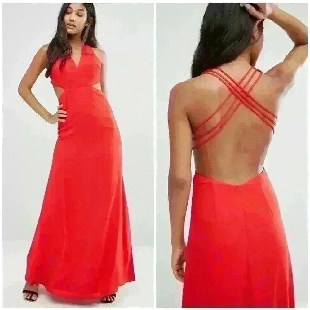 🌟 Fame & Partners Open Cross Back Cut Out Maxi Dress Red Womens Small